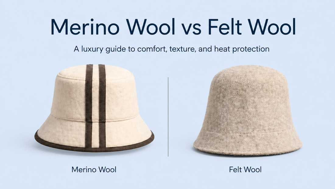 The comparison of a merino wool and a felt wool sauna hats in blue background.