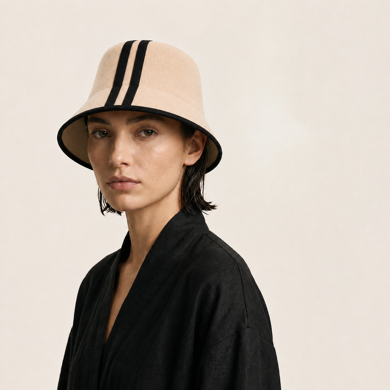 Woman wearing the Saunelle Dune cream merino wool sauna hat