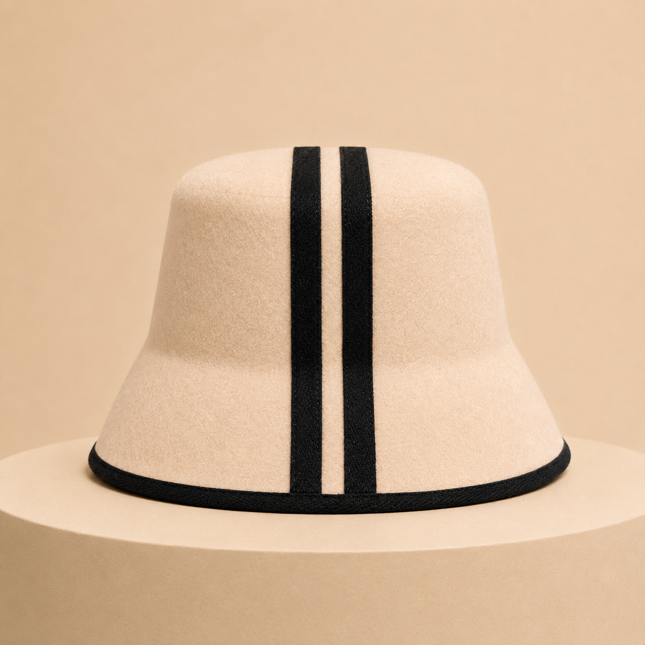 Saunelle Dune merino wool sauna hat in cream with black double stripe and contrast brim