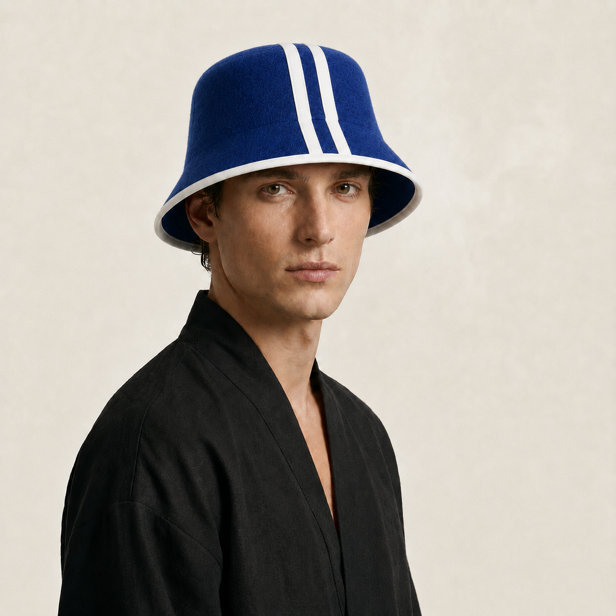 Man wearing the Saunelle Nocturne navy merino wool sauna hat
